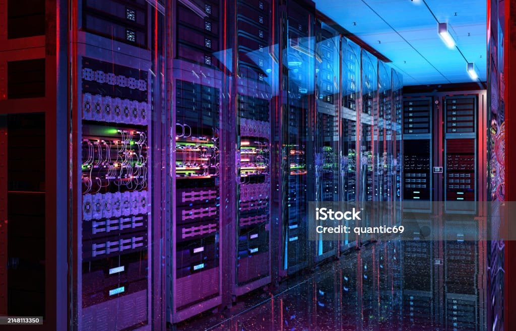 A stock photo of server racks in a datacenter